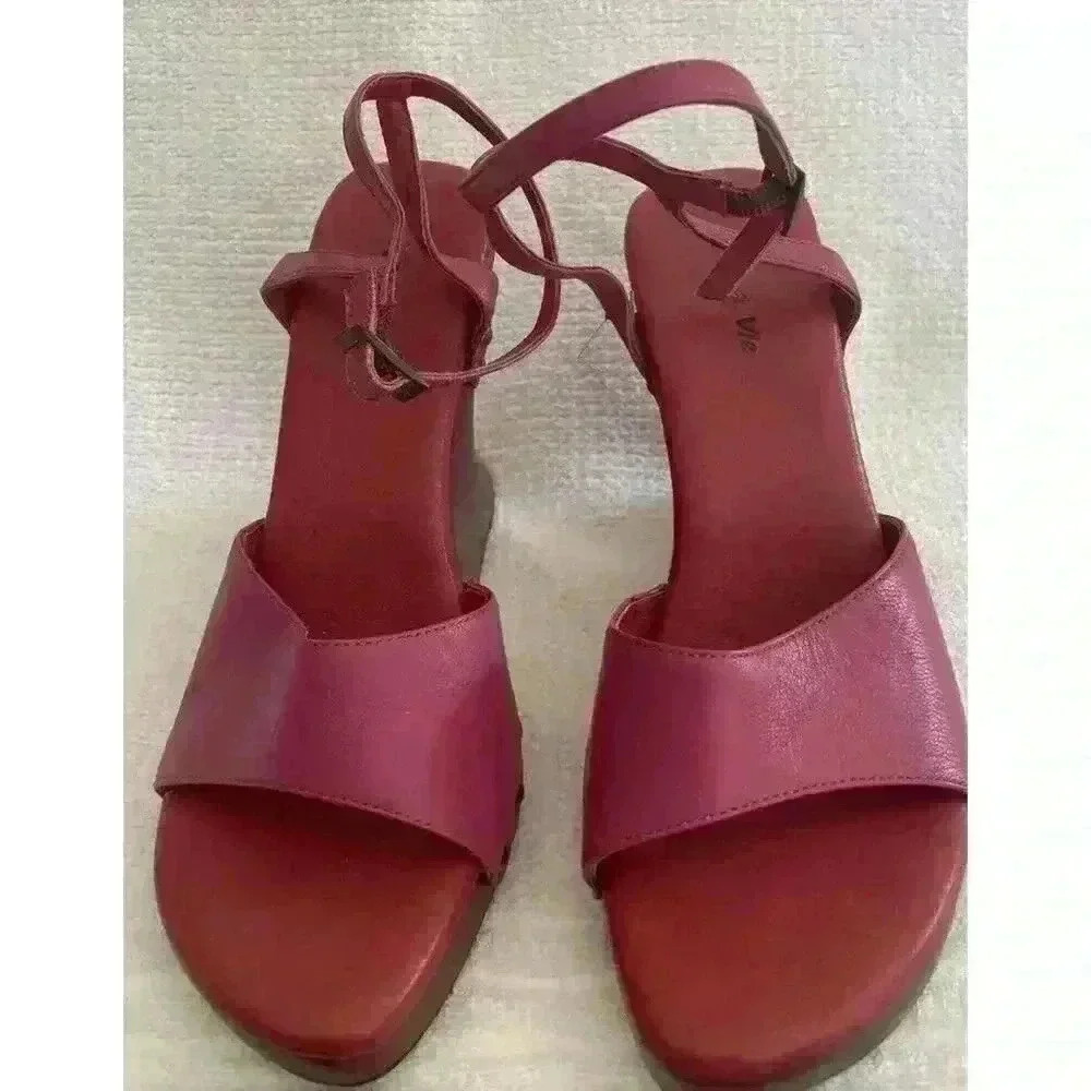 Vis A Vie Heeled Leather Wedge Sandals Red And Pink Women Size 6 Ankle Strapped